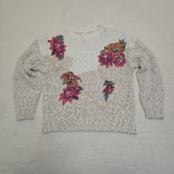 Vintage Sweater Grandma Cottagecore Floral Aplique Pearls Gold Chain 90s Medium - Picture 9 of 16